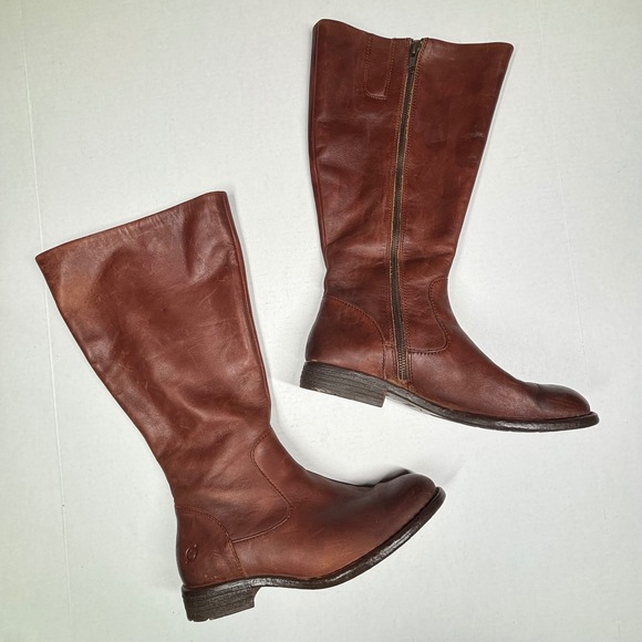 Born Shoes - Born Brown Leather Tall Riding Boots Womens‎ 9M Cognac Plaid Lined F71062 EUC